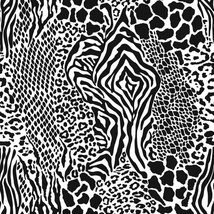 Fototapete Wild animal skins patchwork camouflage wallpaper black and white fur abstract vector seamless pattern