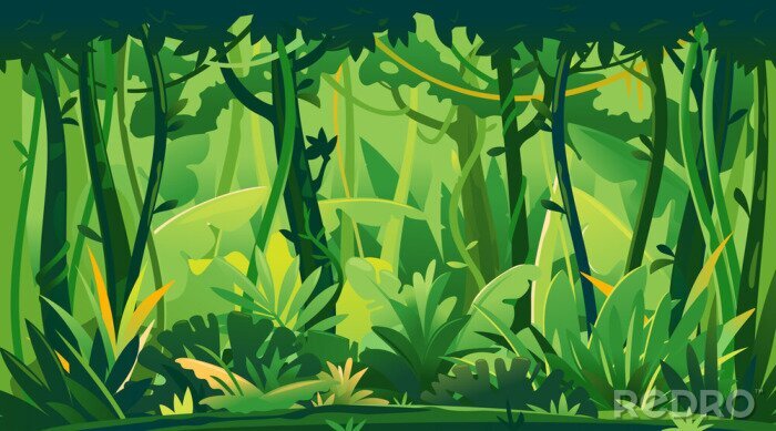 Fototapete Wild jungle forest with trees, bushes and lianas, nature landscape with green jungle foliage and exotic plants growing on ground, horizontal banner with tropical plants on sunny day