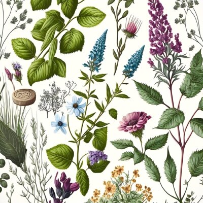 Fototapete Wilde Blumen und Kräuter auf weißem Hintergrund