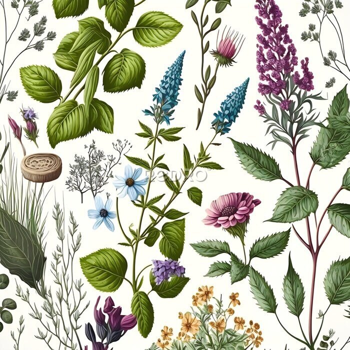 Fototapete Wilde Blumen und Kräuter auf weißem Hintergrund