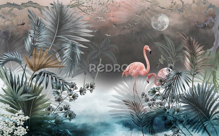 Fototapete Wilde Landschaft mit Flamingos, Mond und See