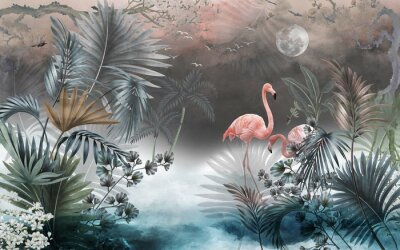 Fototapete Wilde Landschaft mit Flamingos, Mond und See