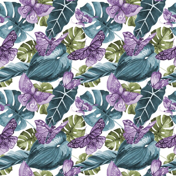 Fototapete Wildes Insektenmuster des exotischen Schmetterlinges in einer Aquarellart. Vollständiger Name des Insekts: Schmetterling. Wildes Insekt des Aquarells für Hintergrund, Beschaffenheit, Verpackungsmuster