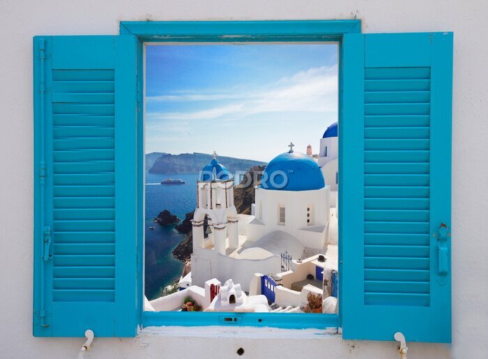 Fototapete Window with view of caldera  and church, Santorini