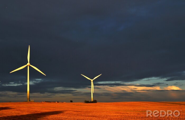 Fototapete Windräder in der Sonne und dunkle Wolken
