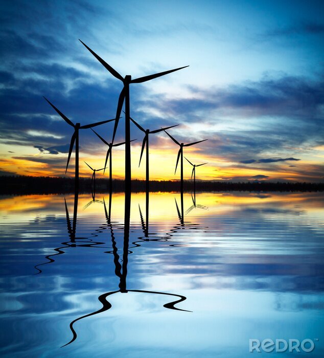 Fototapete Windturbinen in Wasserspiegelung