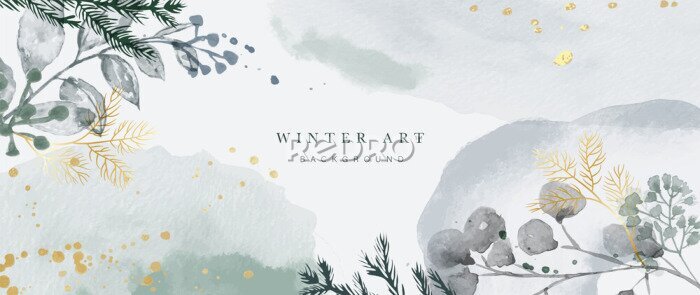 Fototapete Winter background vector. Hand painted watercolor and gold brush texture, Flower and botanical leaves hand drawing. Abstract art design for wallpaper, wall arts, cover, wedding and  invite card. 