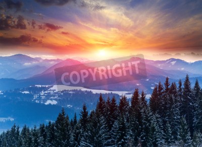 Fototapete Winterliche Landschaft bei Sonnenuntergang