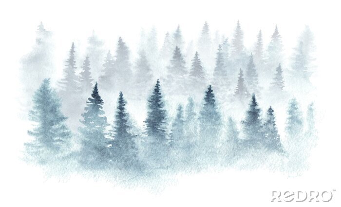 Fototapete Winterwald in einem Nebel gemalt im Aquarell.