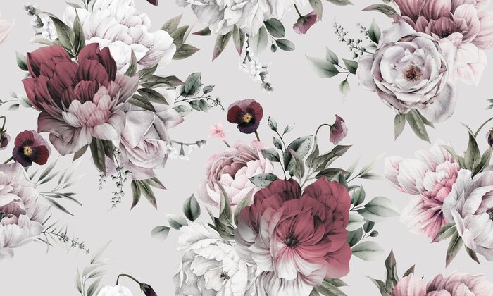 Fototapete Winzige Pfingstrosensträuße auf grauem Hintergrund