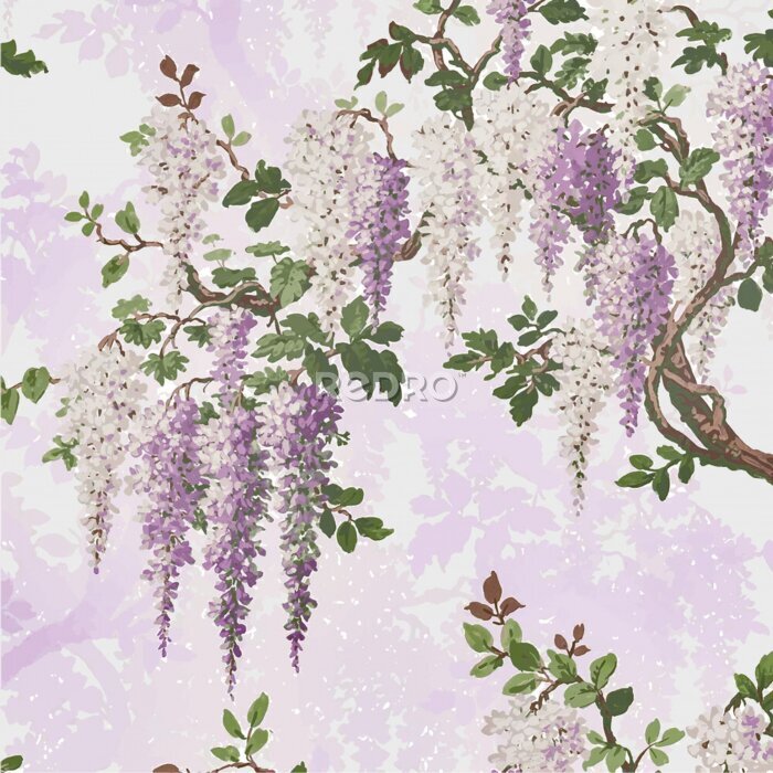 Fototapete Wisteria Lilac Pretty Bright Floral & Botanical Chinoiserie & Oriental Bold Vintage Traditional Flower design pattern