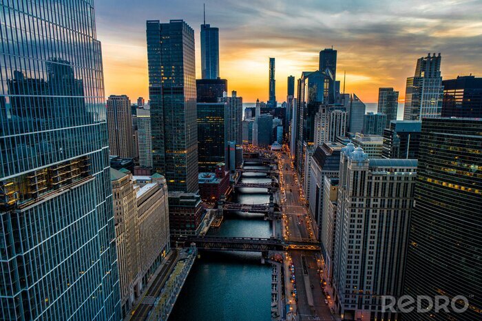 Fototapete Wolkenkratzer Sonnenuntergang in Chicago