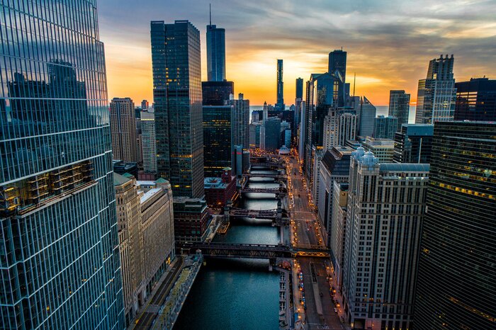 Fototapete Wolkenkratzer Sonnenuntergang in Chicago