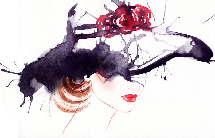 Fototapete woman portrait with hat .abstract watercolor