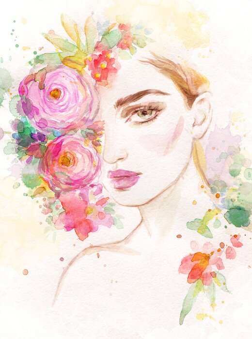 Fototapete woman with flowers. beauty background. fashion illustration. watercolor painting