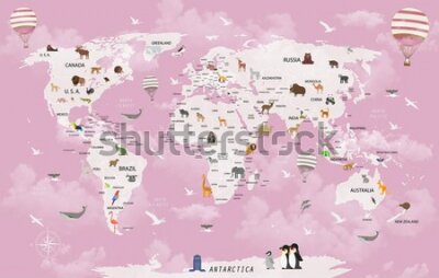 Fototapete World map animals for child room wallpaper