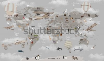 Fototapete World map animals for kids room wallpaper design
