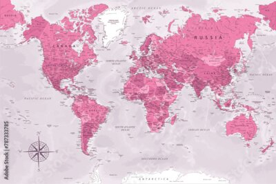 Fototapete World Map - Highly Detailed Vector Map of the World. Ideally for the Print Posters. Rose Pink Colors. With Relief and Depth