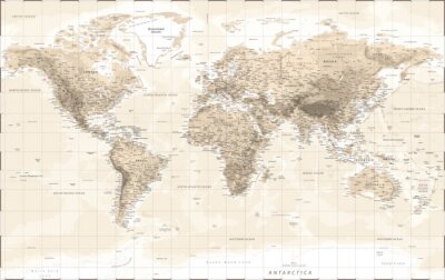 Sticker World Map Physical - Vintage Retro Old Style - Vector Detailed Illustration