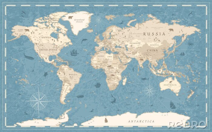 Fototapete World Map Vintage Old-Style - vector - blue and beige
