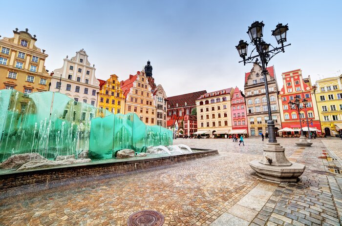 Fototapete Wroclaw, Polen. Der Marktplatz mit dem berühmten Brunnen