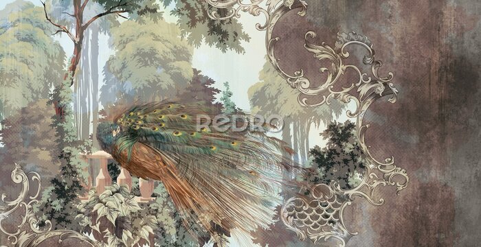 Fototapete Wunderschöner Pfau Zwischen Blättern im Vintage-Stil