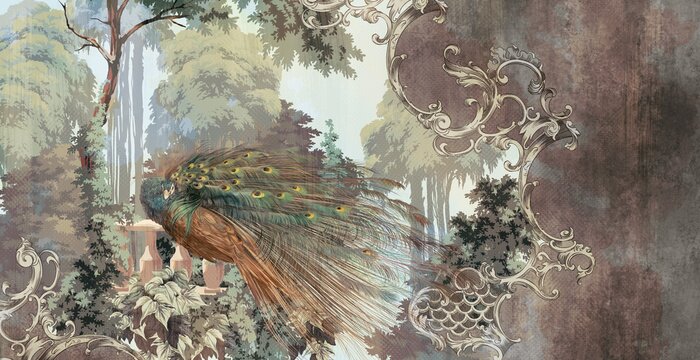 Fototapete Wunderschöner Pfau Zwischen Blättern im Vintage-Stil