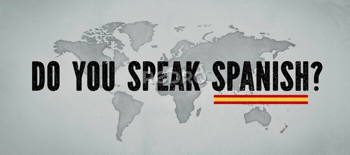 Fototapete Aufschrift „Sprechen Sie Spanisch?“ vor dem Hintergrund einer Weltkarte