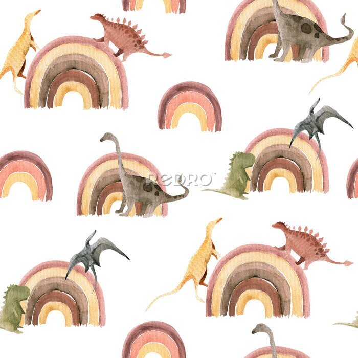 Fototapete Hand drawing watercolor сhildren's pattern of cute dino and rainbow. Funny dinosaur perfect for posters, children's fabric, prints.  illustration isolated on white