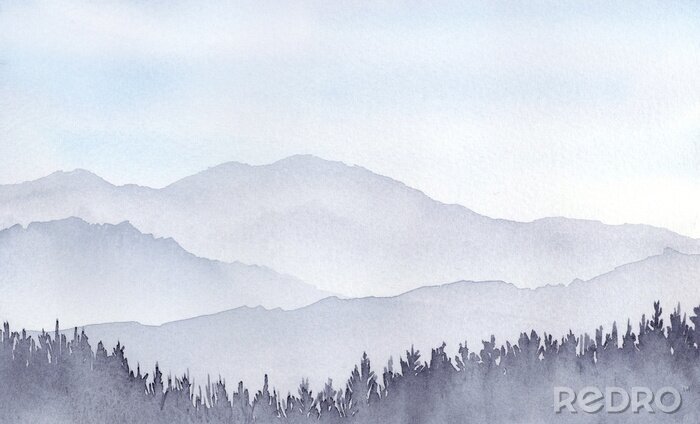 Fototapete 山の風景　水彩画