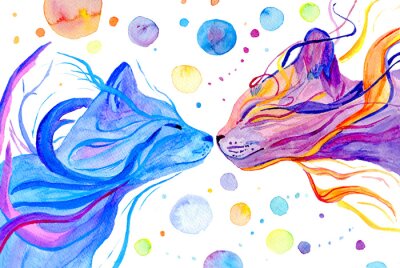 Fototapete Watercolor multi colored cats isolated on white background. Hand painted illustration.  