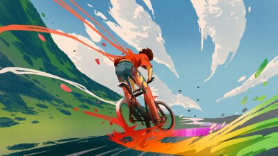 Fototapete young man riding a bicycle with a colorful energy, digital art style, illustration painting