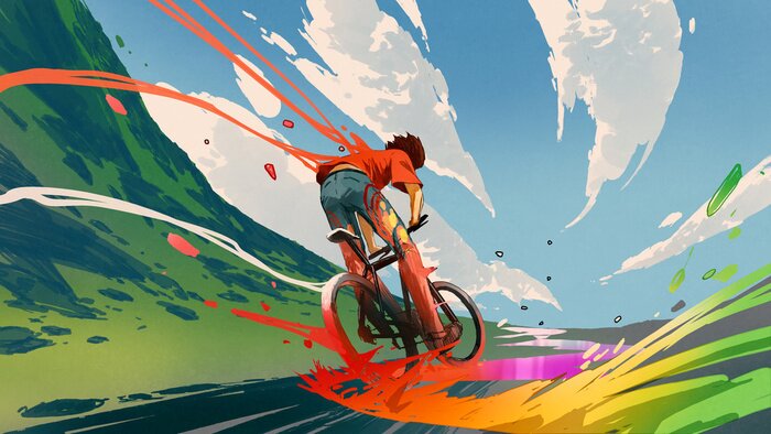 Fototapete Young man riding a bicycle with a colorful energy, digital art style, illustration painting
