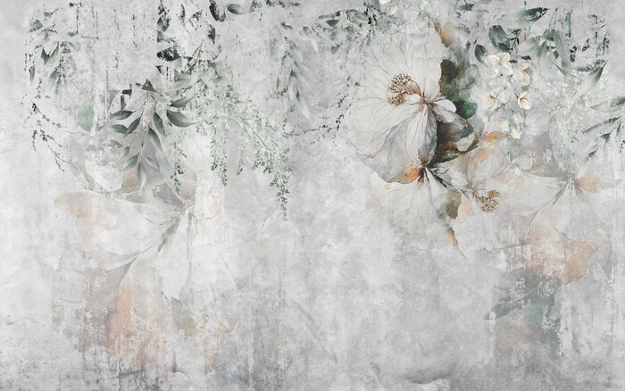 Fototapete Zarte Blumen auf grauem Betonhintergrund