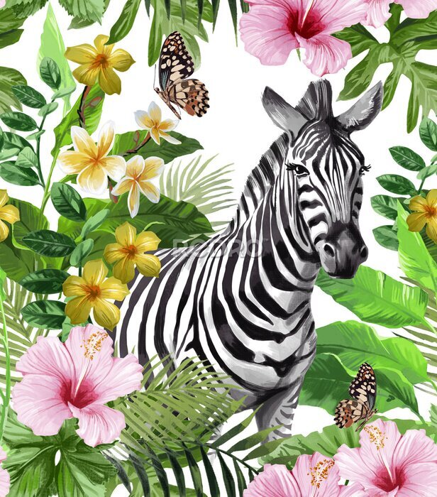 Fototapete Zebra inmitten von bunten tropischen Blumen