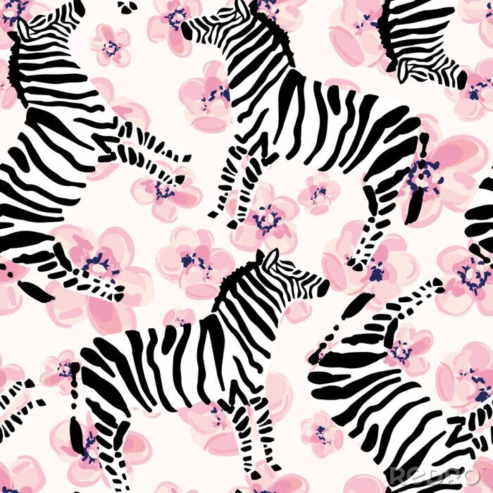 Fototapete Zebras auf dem rosa Blumenhintergrund. Vector nahtlose Muster mit gestreiften Safari-Tier.