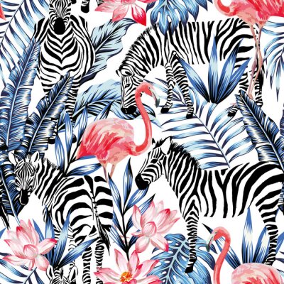 Zebras und Flamingos inmitten tropischer Vegetation