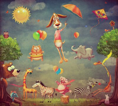Zeichentrick Tiere mit Luftballons