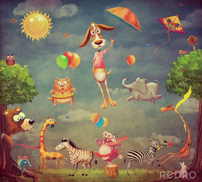 Fototapete Zeichentrick Tiere mit Luftballons