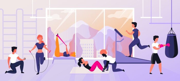 Fototapete Zeichentrickfiguren beim Training im Fitnessstudio