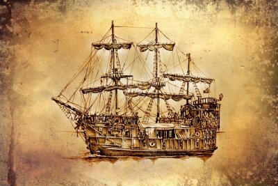 Fototapete Zeichnung auf Pergament mit dem Schiff