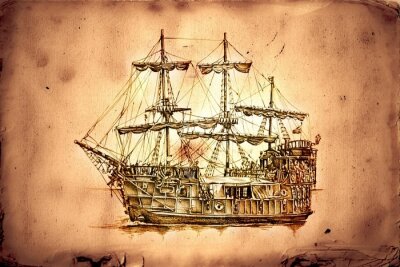 Fototapete Zeichnung des Schiffes auf zerstörtem Papier