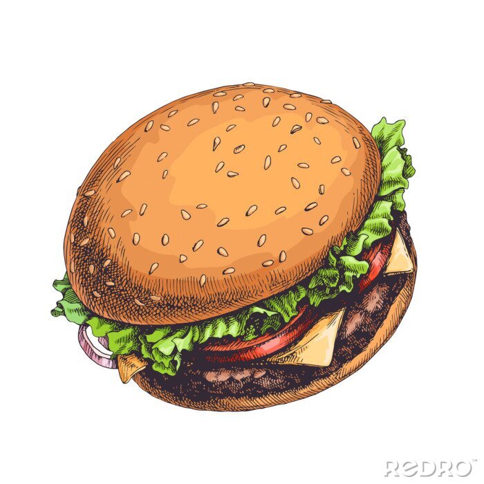 Fototapete Zeichnung eines Hamburgers auf weißem Hintergrund