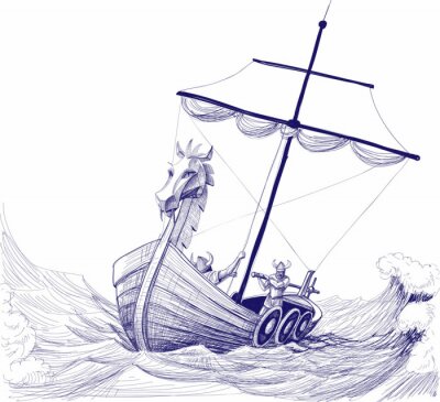 Fototapete Zeichnung mit einem historischen Segelboot