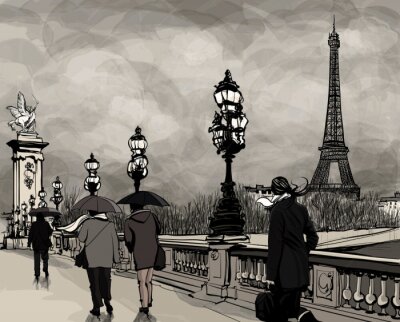 Zeichnung von Alexander III-Brücke in Paris zeigt Eiffelturm