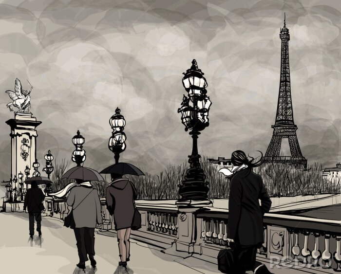 Fototapete Zeichnung von Alexander III-Brücke in Paris zeigt Eiffelturm