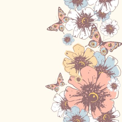 Fototapete Zeichnungsmuster mit Schmetterling und Blumen
