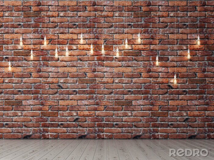 Fototapete Ziegelmauer mit hängenden Glühbirnen