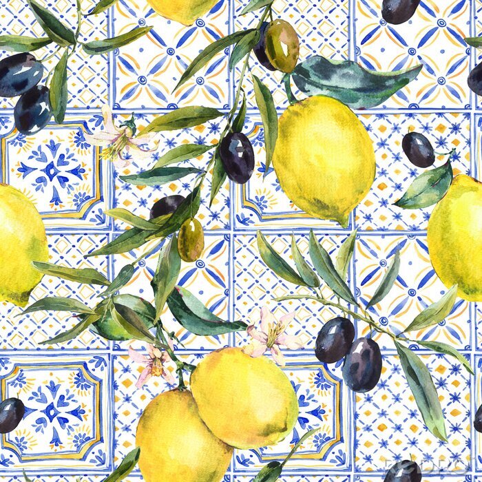 Fototapete Zitronen auf einem Hintergrund aus blauen Kacheln