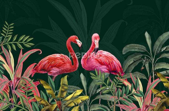 Fototapete Zwei Flamingos im dunkelgrünen Dickicht